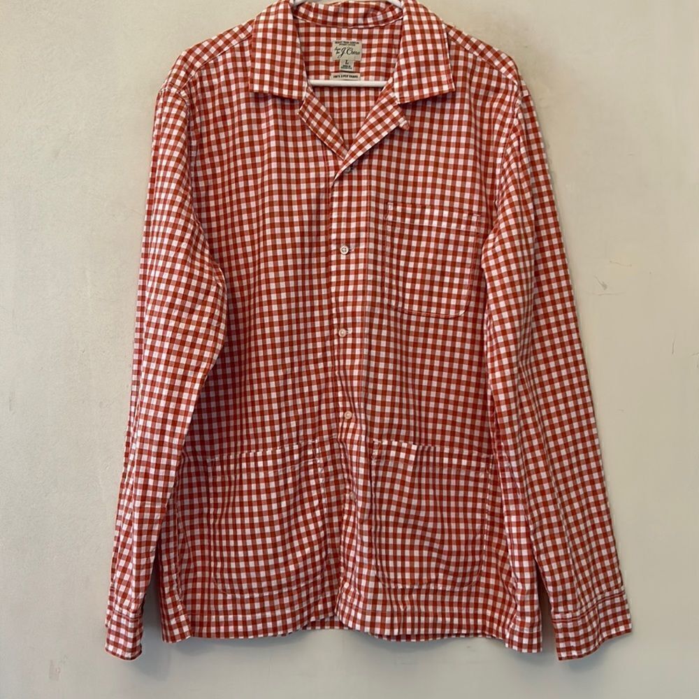 J Crew organic cotton orange white checked  front pocket shirt Size L